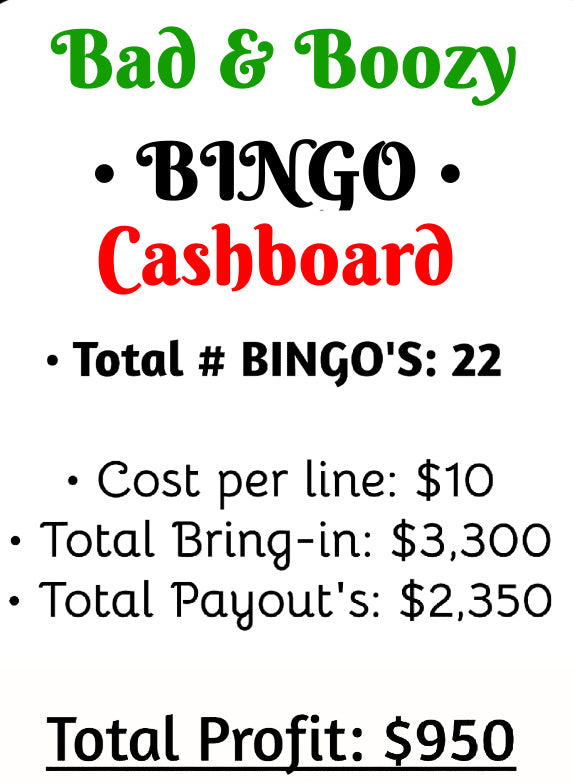 'Bad & ๐น Boozy' Bingo Cashboard ($10/Line, $950 Profit)