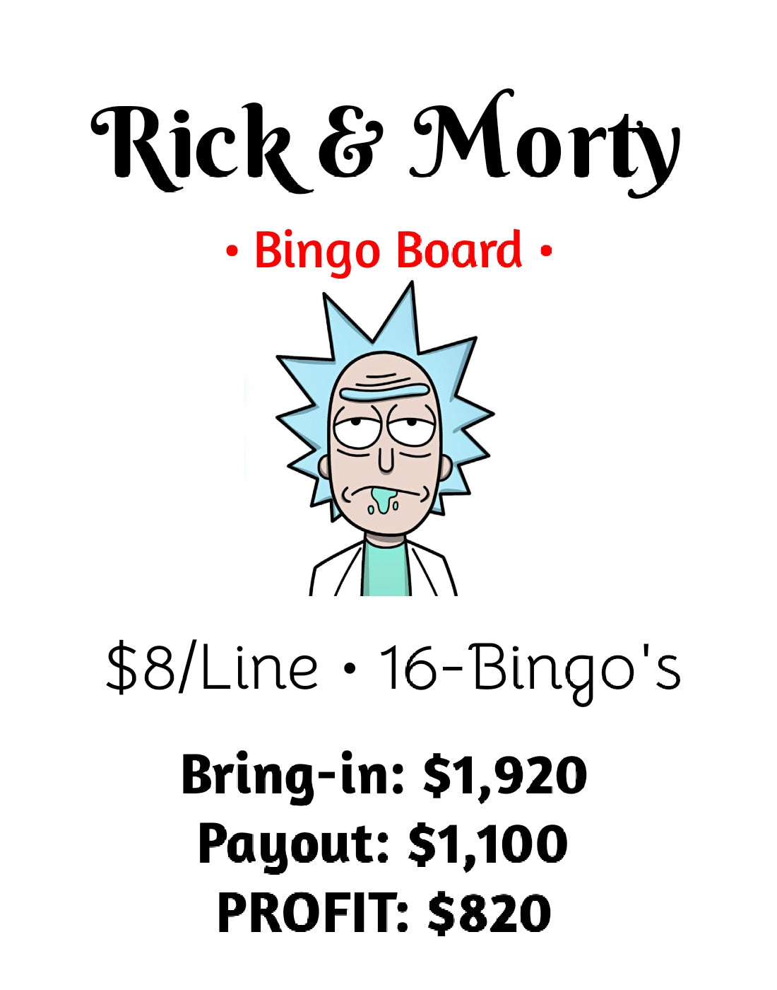 'Rick & Morty' ALL-HOLDS-WIN Board, $8/Line, $820 Profit