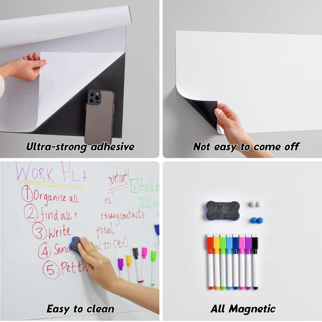 Peel & Stick Magnetic Whiteboard w/ Marker/Eraser (20"×12")