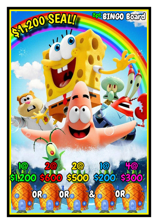 'Spongebob' 1.2k Seal Bingo Board - $8/Line, $1,200 Profit