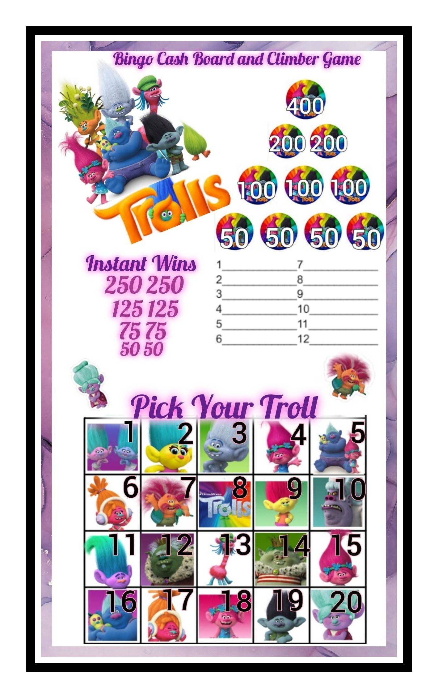 'Trolls' Bingo Cashboard, $10/Line, $900 profit