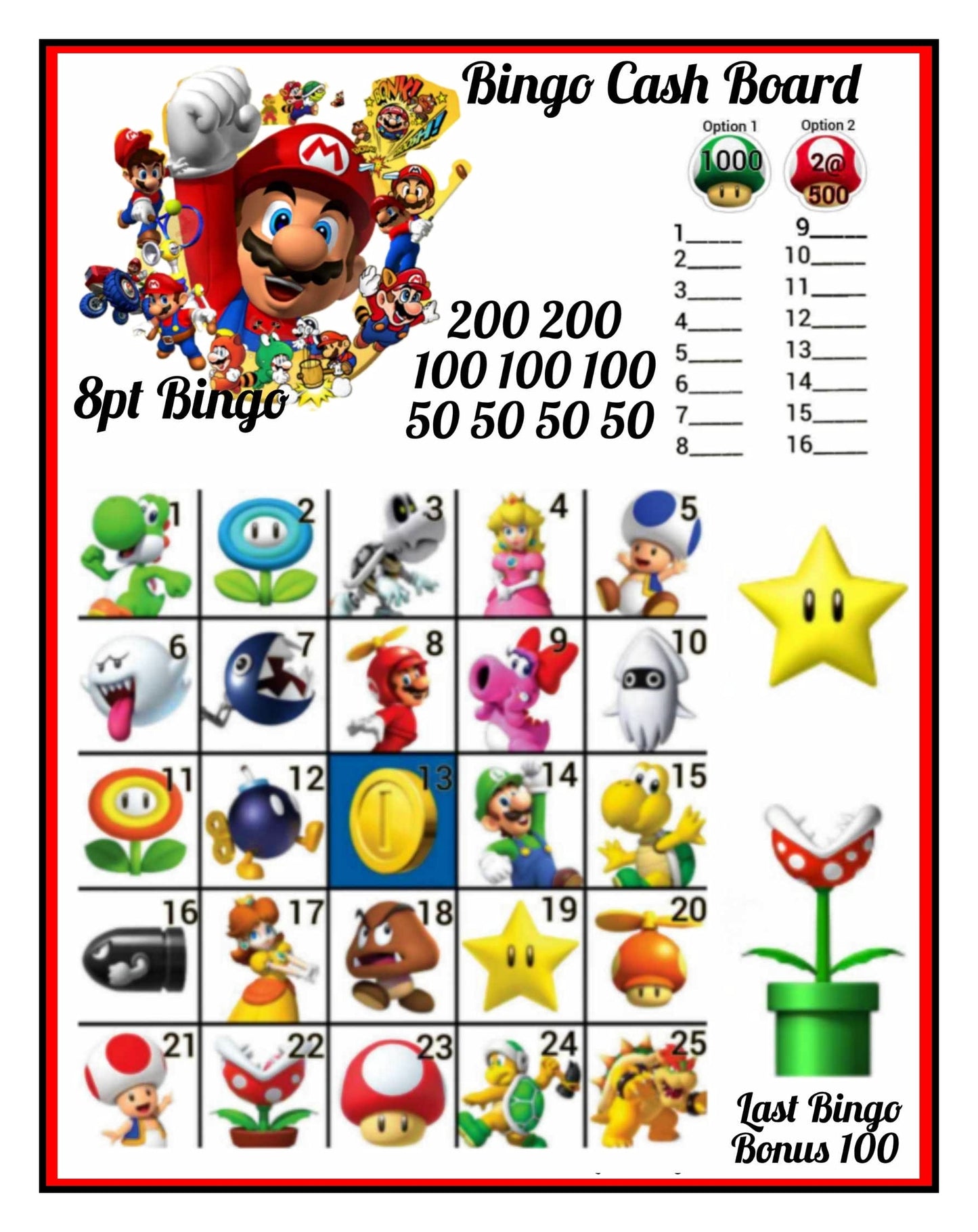 'Mario Bros.' Bingo Cashboard, $8/Line, $1,100 Profit