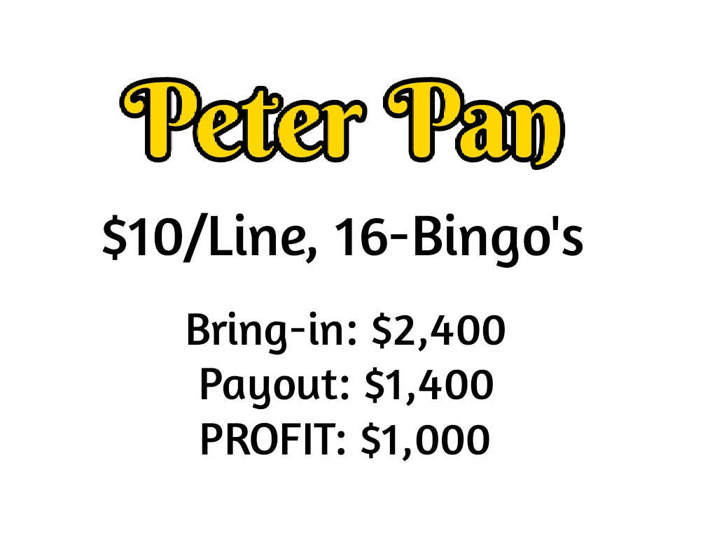 'Peter Pan' ALL-HOLDS-WIN Bingo Board, $10/Line, $1,000 Profit