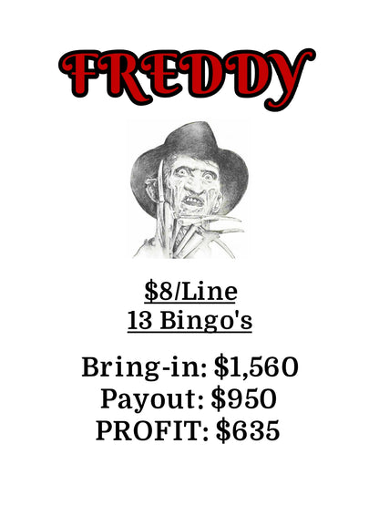 'Freddy' Bingo Board, $8/Line, $635 Profit (13-Bingo's)