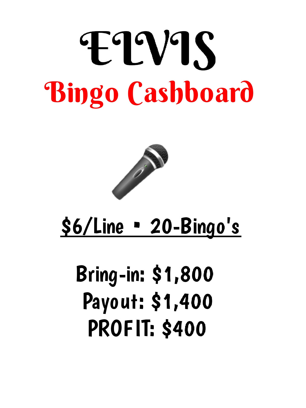 'Elvis' Bingo Cashboard • $6/Line, $400 Profit