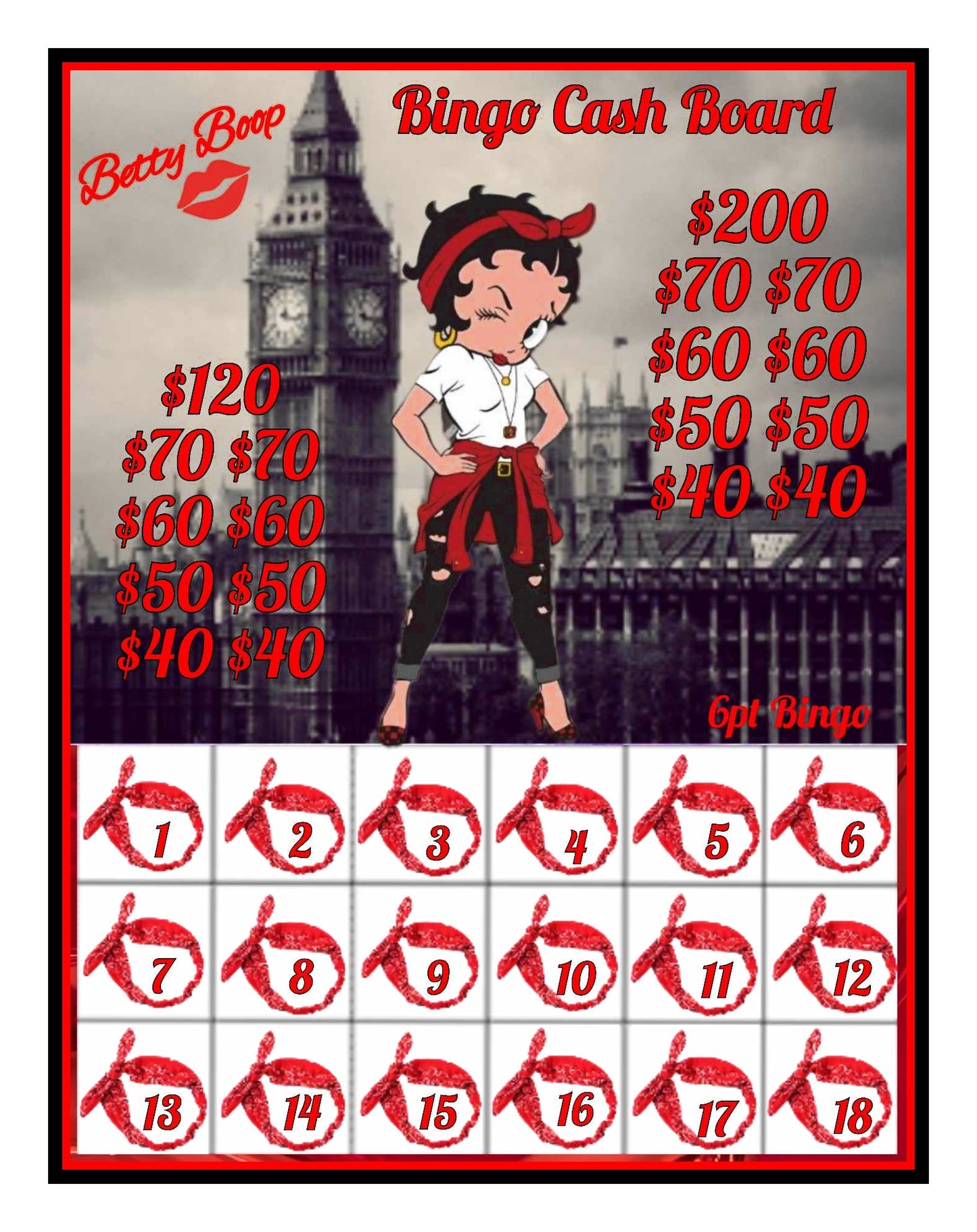 'Urban Betty' Bingo Cashboard- $6/Line, $420 Profit