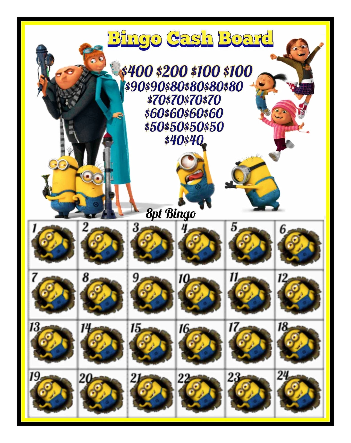 'Minions' Bingo Cashboard - $8/Line, $780 Profit