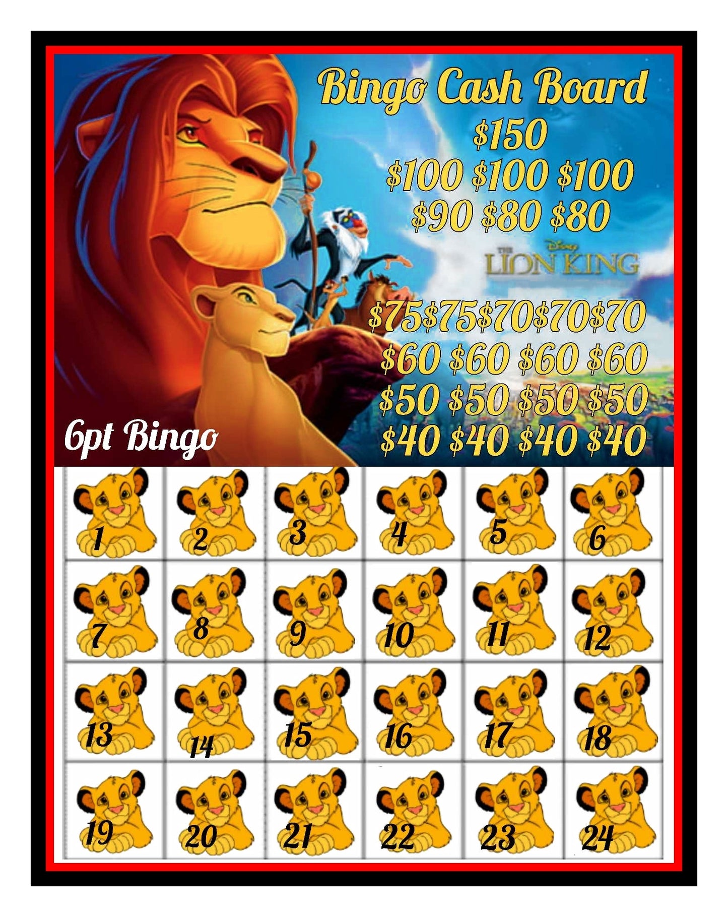 'Lion 🦁 King' Bingo Cashboard- $6/Line, $500 Profit