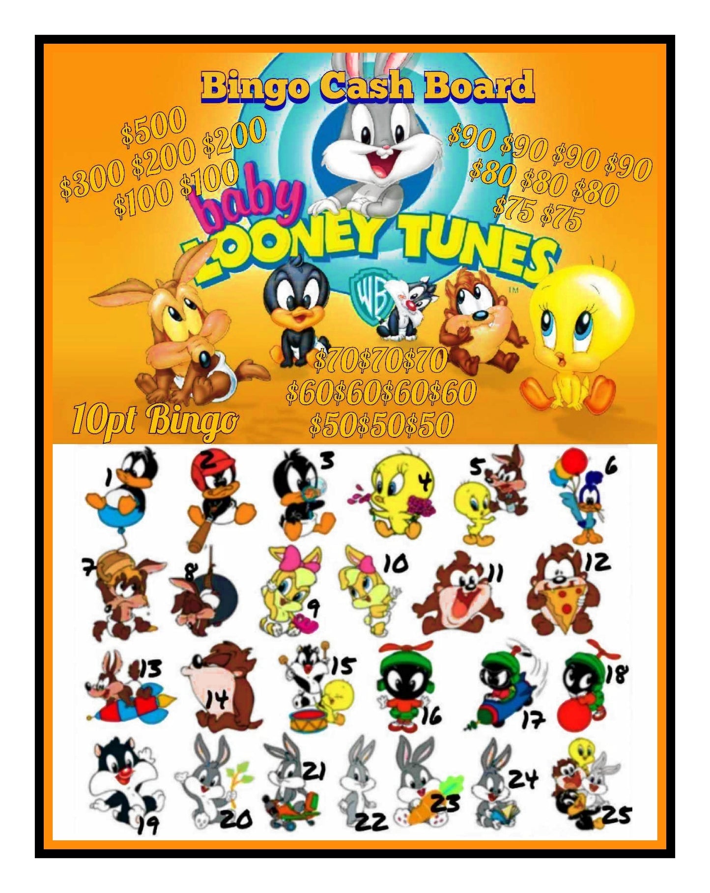 'Baby Looney Tunes' Bingo Cashboard ($10/Line, $1,000 Profit)