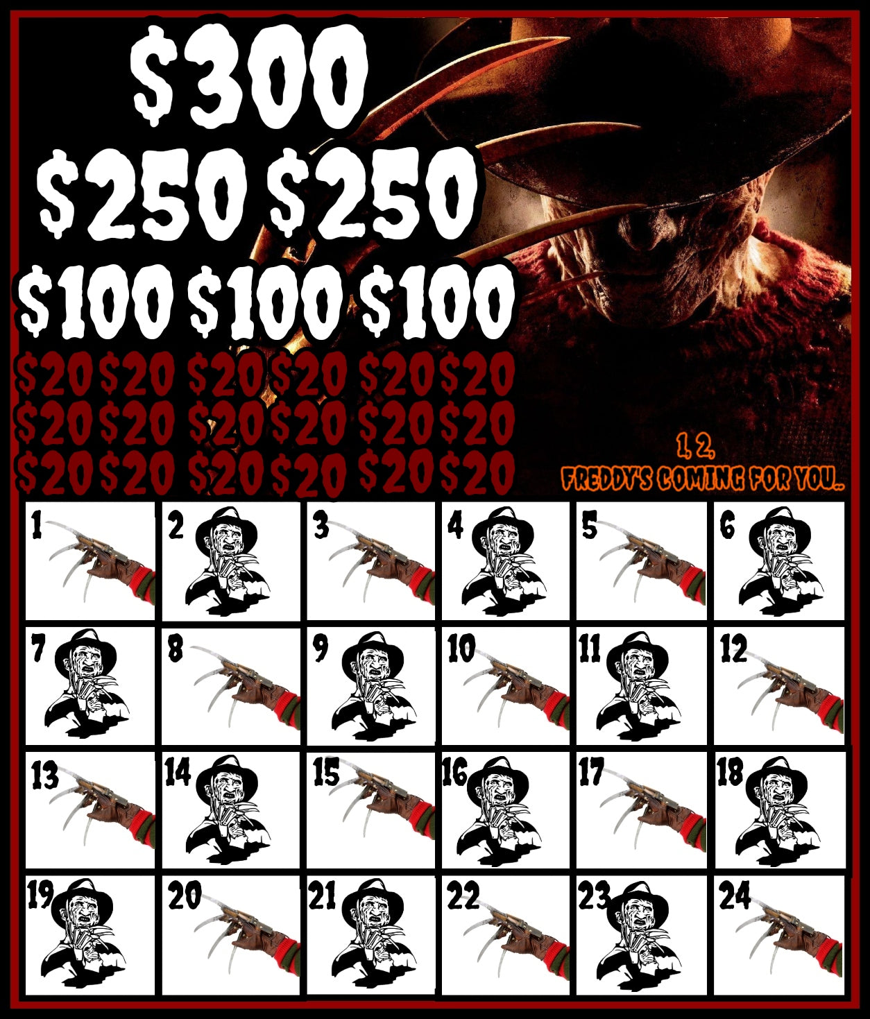 Freddy Krueger Bingo Cb, $6/Line, PROFIT is $700