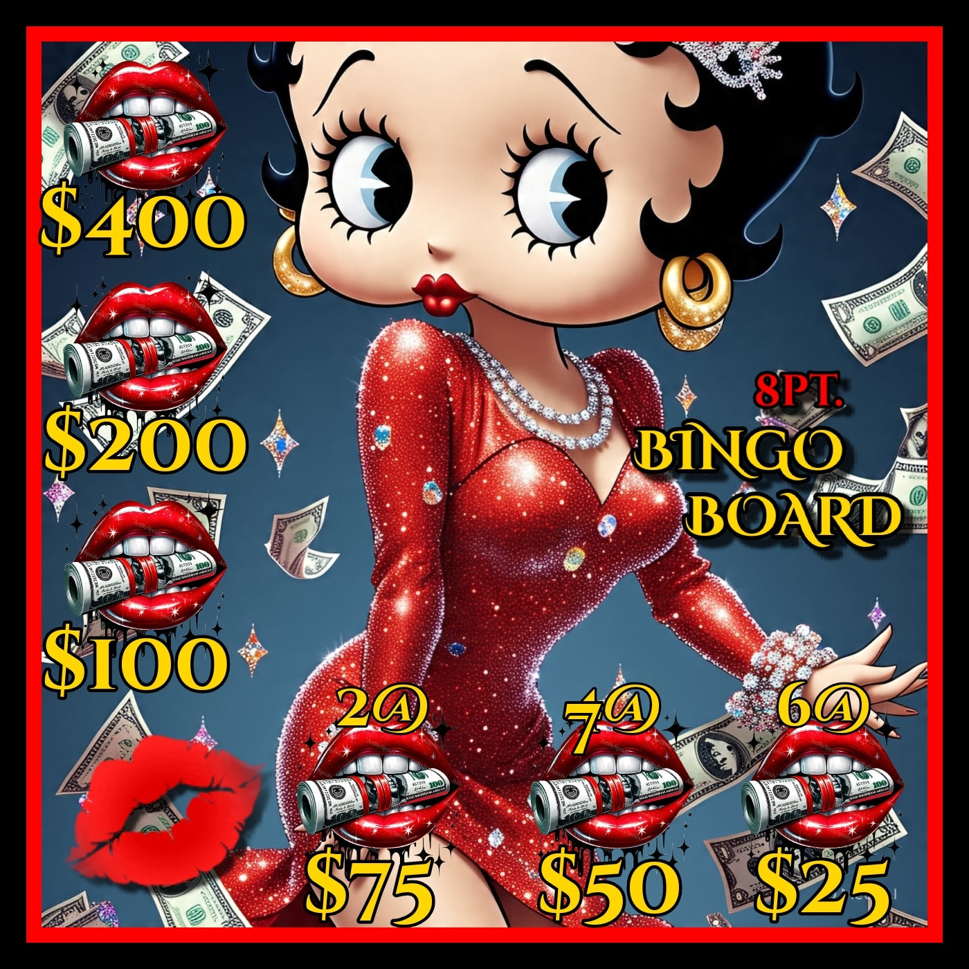 Lucky Lips Betty Bingo Board, All-Holds-Win, $8/Line • $810 Profit